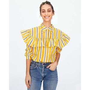 clare v. charlotte ruffled button down blouse in marigold stripe golden yellow